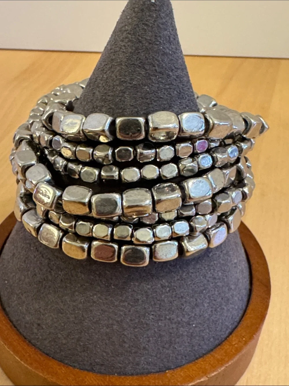 Chunky multi-strand, silver tone burnished nugget set of 7 bracelets